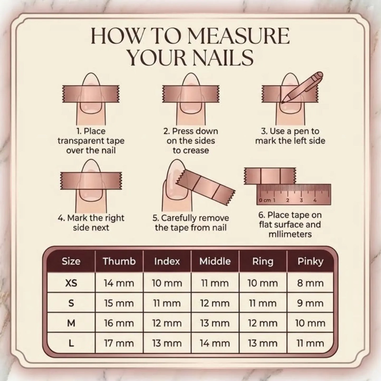Instructions on how to measure nails with a transparent tape and ruler, and a nail size chart.