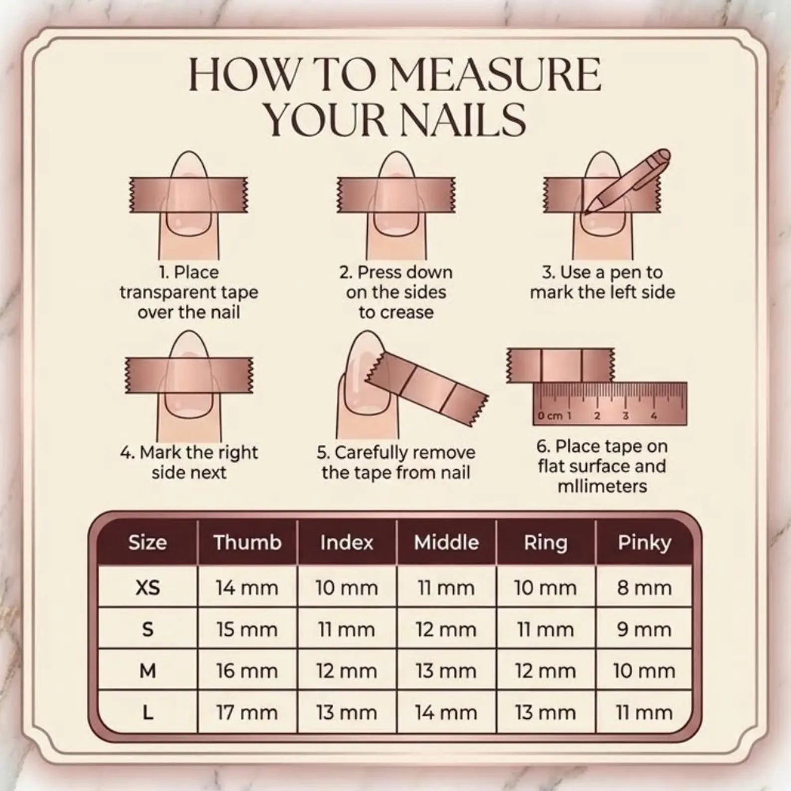 Instructions on how to measure nails with a transparent tape and ruler, and a nail size chart.