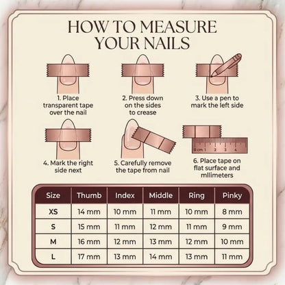 Instructions on how to measure nails with a transparent tape and ruler, and a nail size chart.