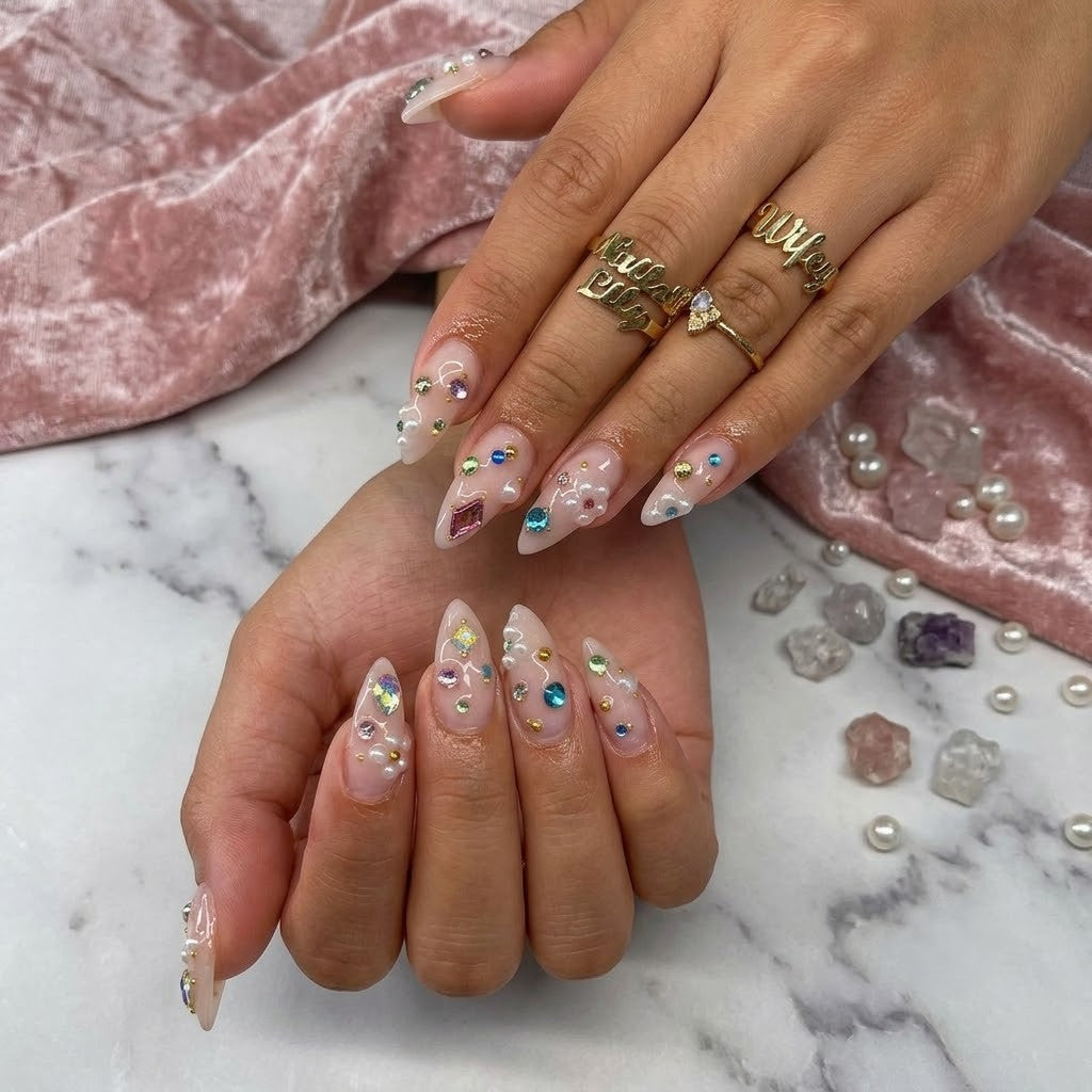 JRNAIL trendy Y2K stiletto fake nails displaying a glossy crystal-clear texture encrusted with colorful geometric gemstones and pearls, perfect for a high-glam DIY festival manicure or statement birthday look.