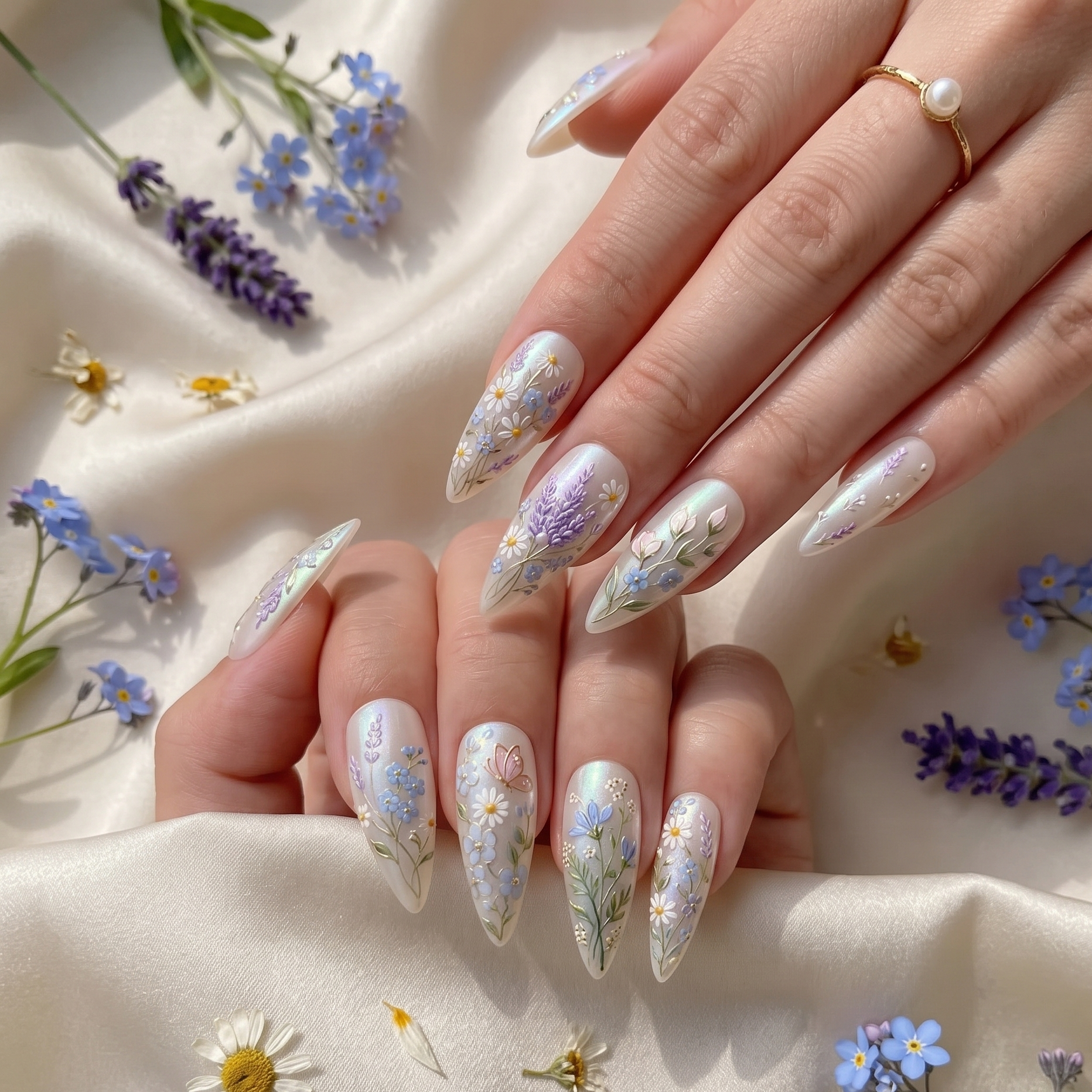 A pair of hands showcasing a custom luxury press-on nail set featuring 3D embossed purple lavenders, white daisies, and a pastel butterfly over a shimmering pearlescent base.