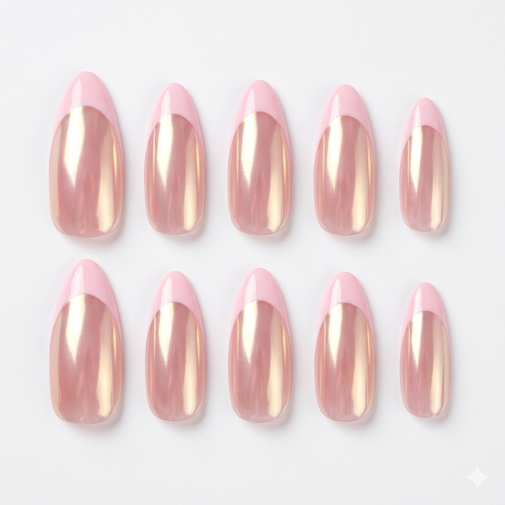 A close-up of metallic aurora powder nails showing the high-shine reflective finish and clean, precise French tip lines on custom-sized gel tips.