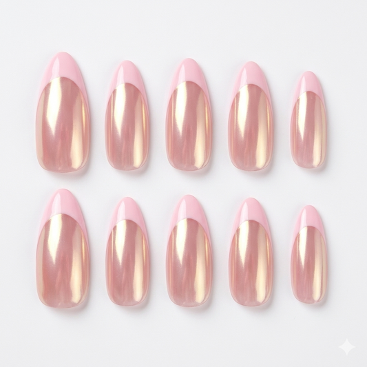 A close-up of metallic aurora powder nails showing the high-shine reflective finish and clean, precise French tip lines on custom-sized gel tips.