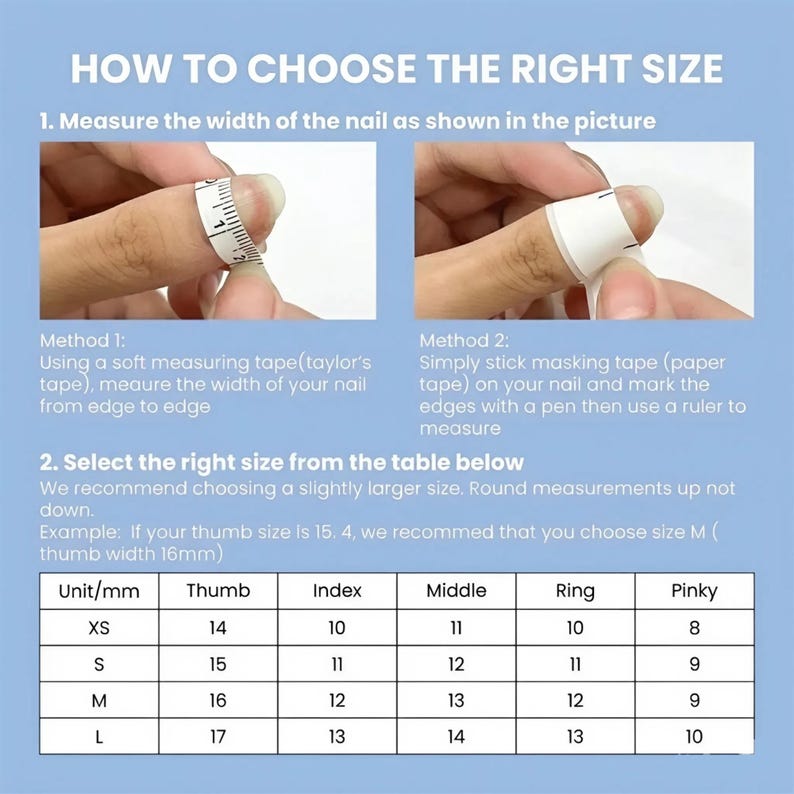 Instructions on how to choose the right size for a product, with measurements and a table.