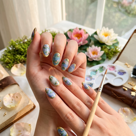 Exquisite short almond press-on nails featuring hand-painted Impressionist water lily art, accented with delicate gold leaf by JRNAIL
