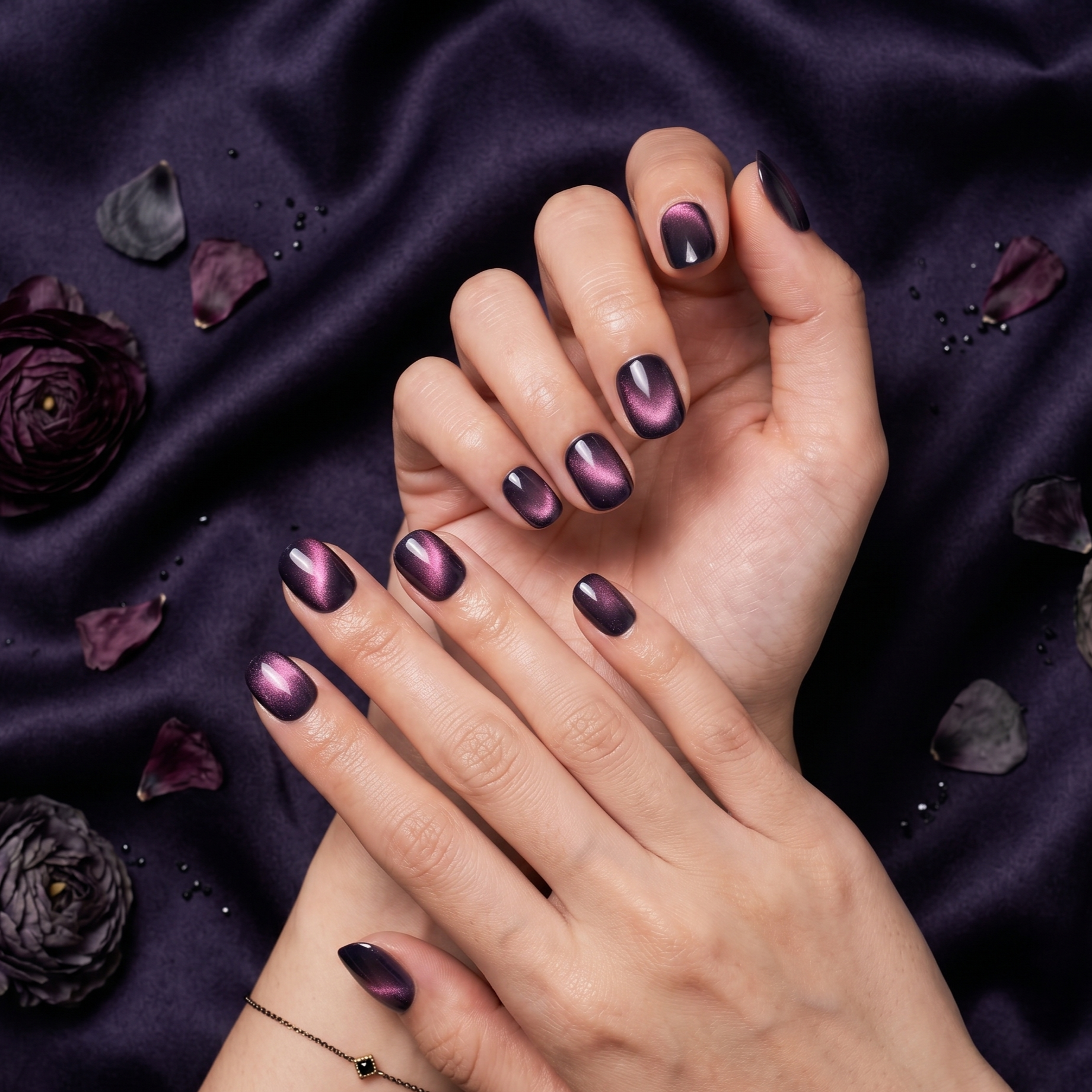 Elegant short oval press-on nails featuring a deep plum magnetic cat-eye effect that shifts between dark purple and violet tones, by JRNAIL.