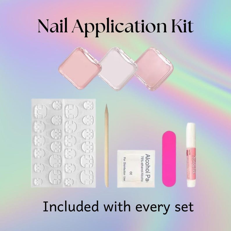 Nail application kit with tools on a colorful gradient background