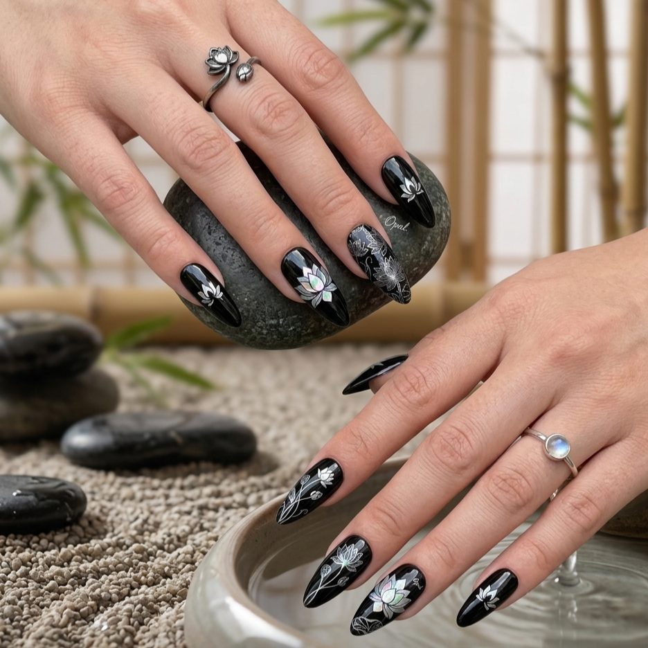 Elegant black press-on nails featuring iridescent opal lotus flower designs and delicate hand-painted botanical linework by JRNAIL