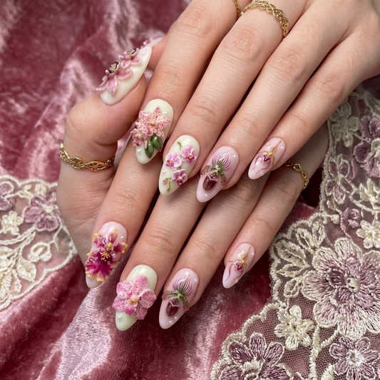 A full 10-piece set of custom press-on nails from JRNAIL featuring an alternating milky white and pastel pink base coat with hyper-realistic 3D sculpted orchid flowers and scattered dewdrop pearls.