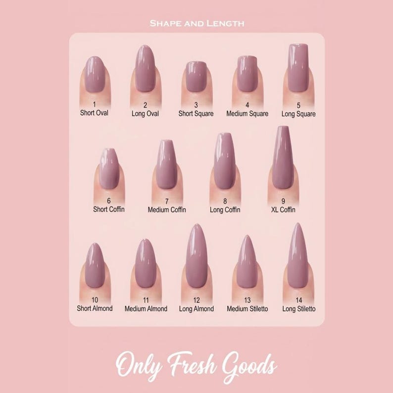 Nail shape and length chart with various nail forms on a pink background, featuring the brand 'Only Fresh Goods'.
