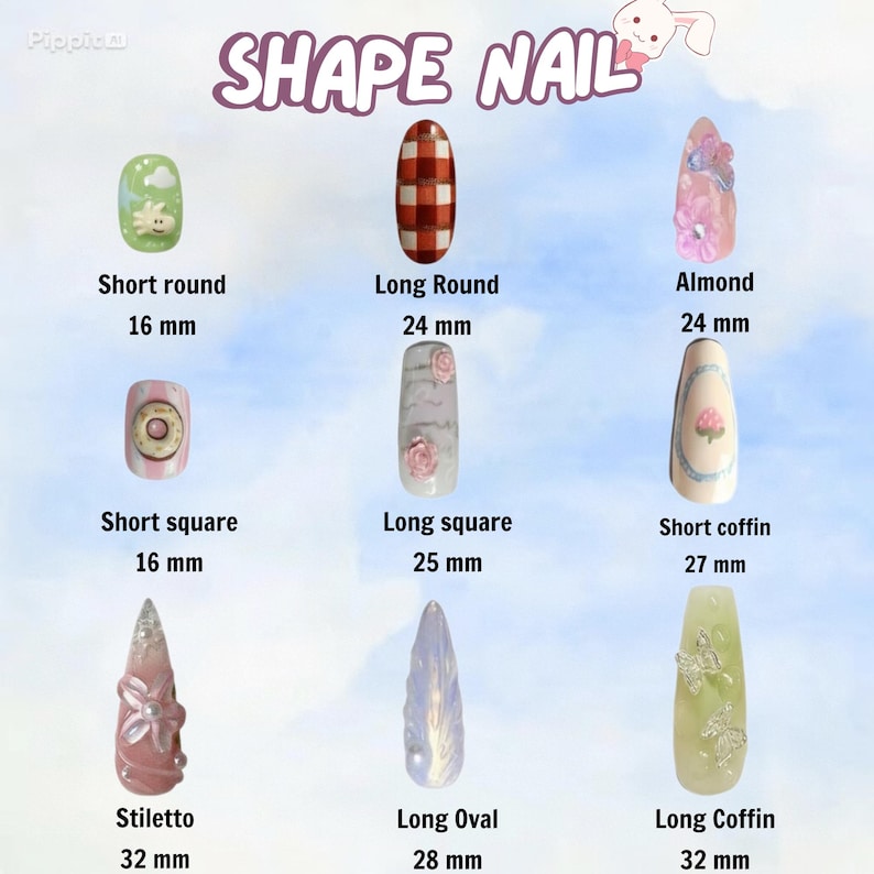 Chart showing various nail shapes with measurements on a light blue background.