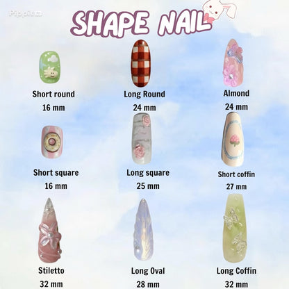 Chart showing various nail shapes with measurements on a light blue background.
