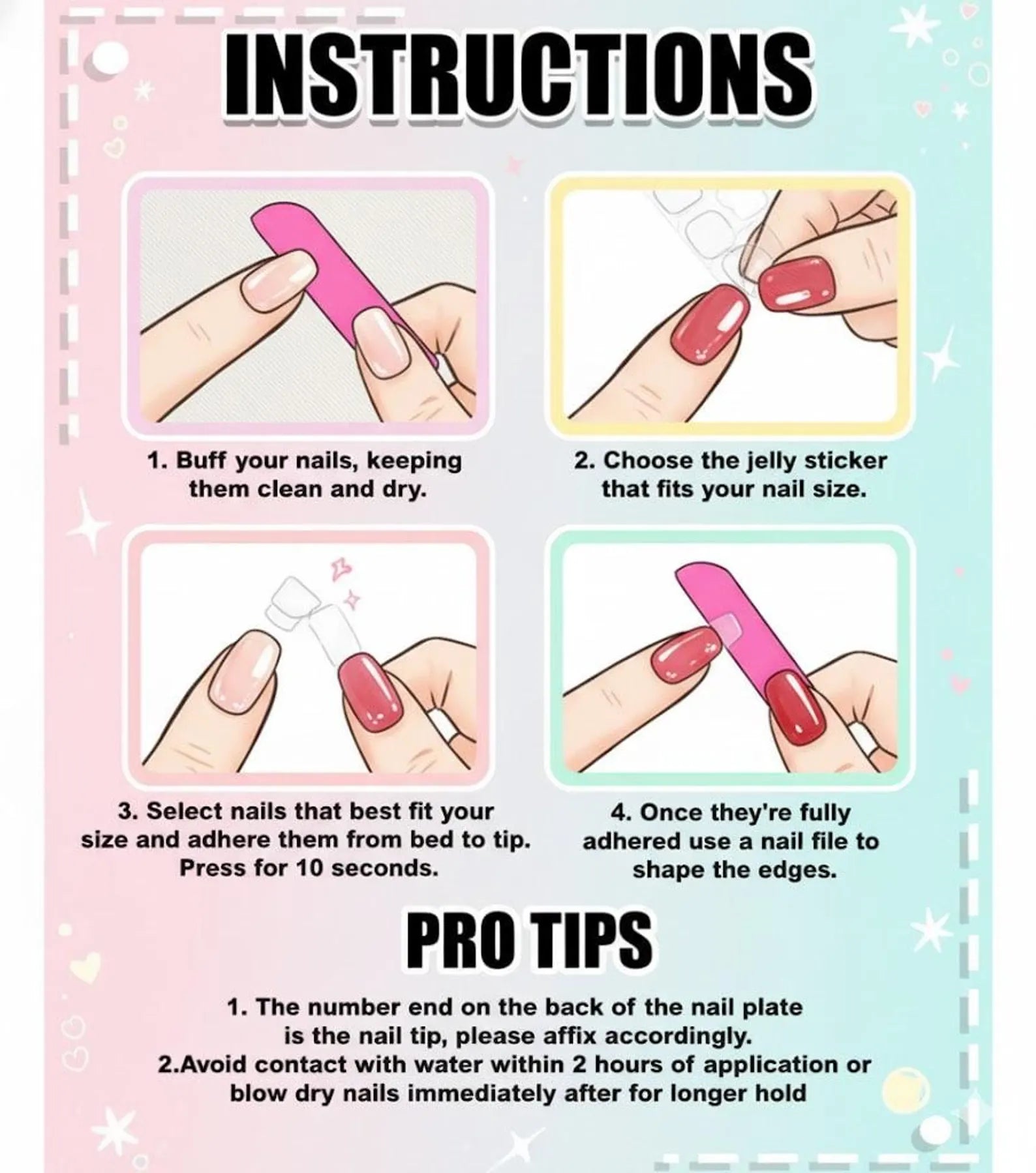 Instructions for using nail extensions with illustrations and text on a colorful background