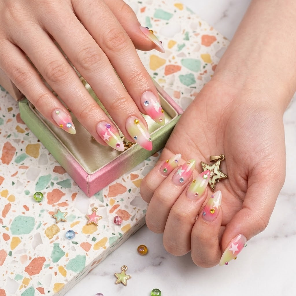 JRNAIL luxury y2k style fake nails displaying a glossy high-shine gel finish with celestial star art and whimsical multi-colored gems, perfect for a custom DIY home manicure.