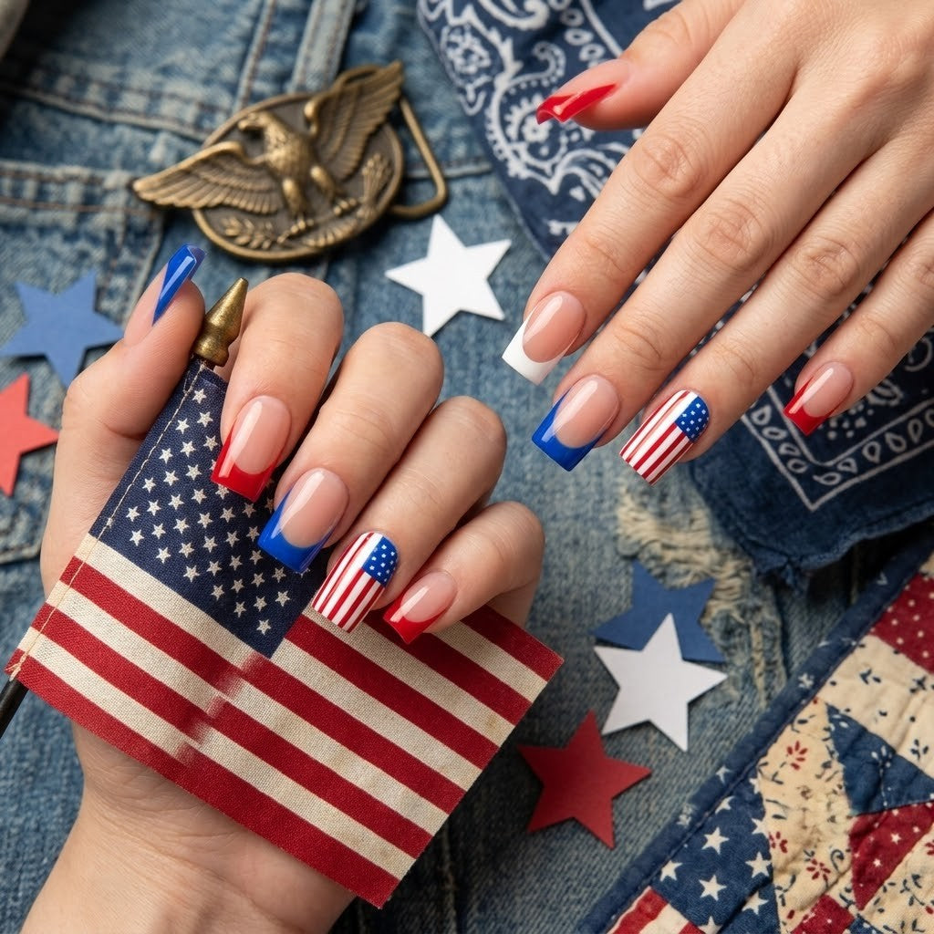 A close-up view of two hands modeling square-shaped press-on nails featuring a patriotic red, white, and blue theme, classic French tips, and an American flag design against a denim and bandana background.