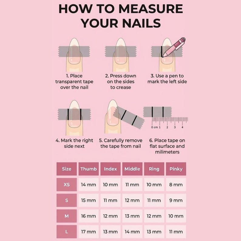 Instructions on how to measure nails with a pen and transparent tape on a pink background.
