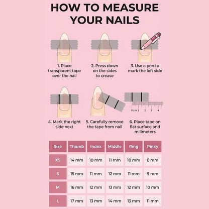 Instructions on how to measure nails with a pen and transparent tape on a pink background.