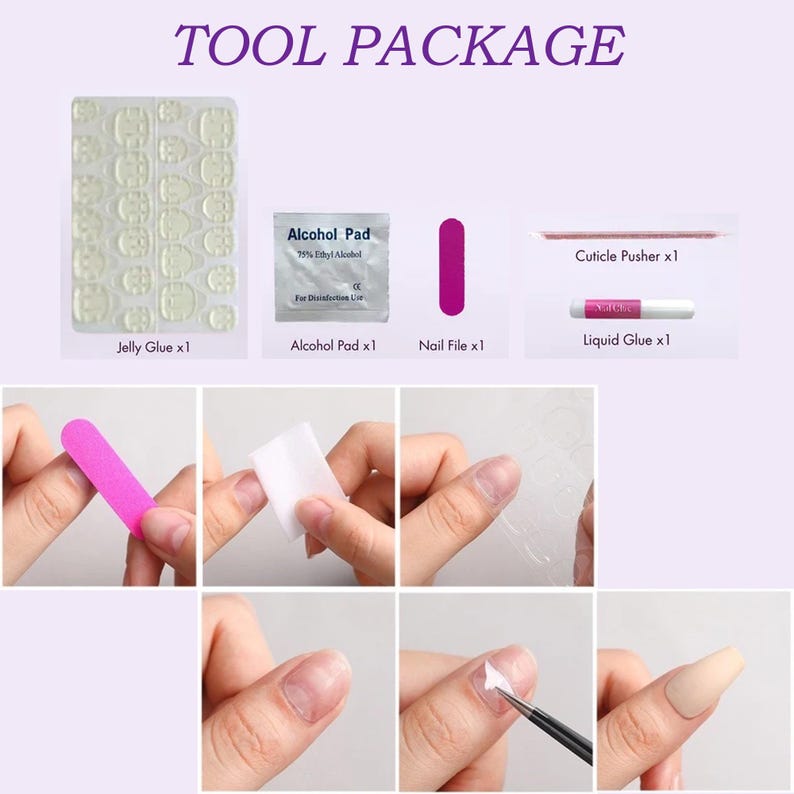 Nail art tool package with step-by-step instructions on a white background