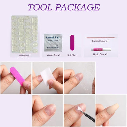 Nail art tool package with step-by-step instructions on a white background