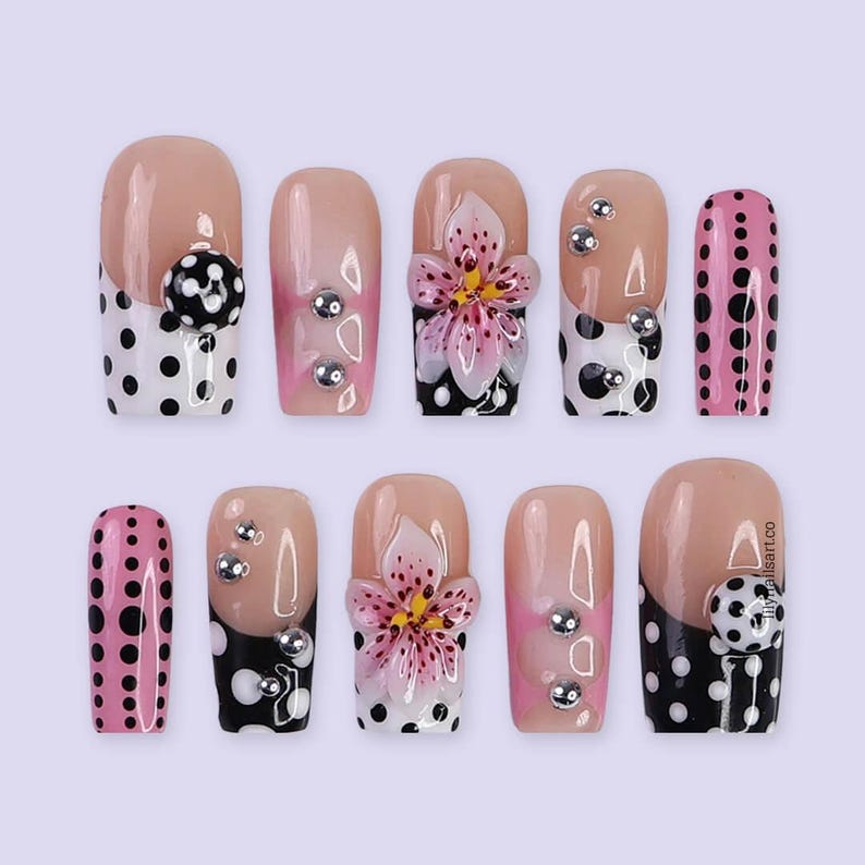 Vintage Y2K press on nails with polka dot patterns, 3D floral art, and silver stud embellishments