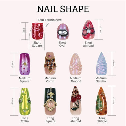 Reusable false nails with retro polka dot pattern, 3D pink lily art, and silver stud details