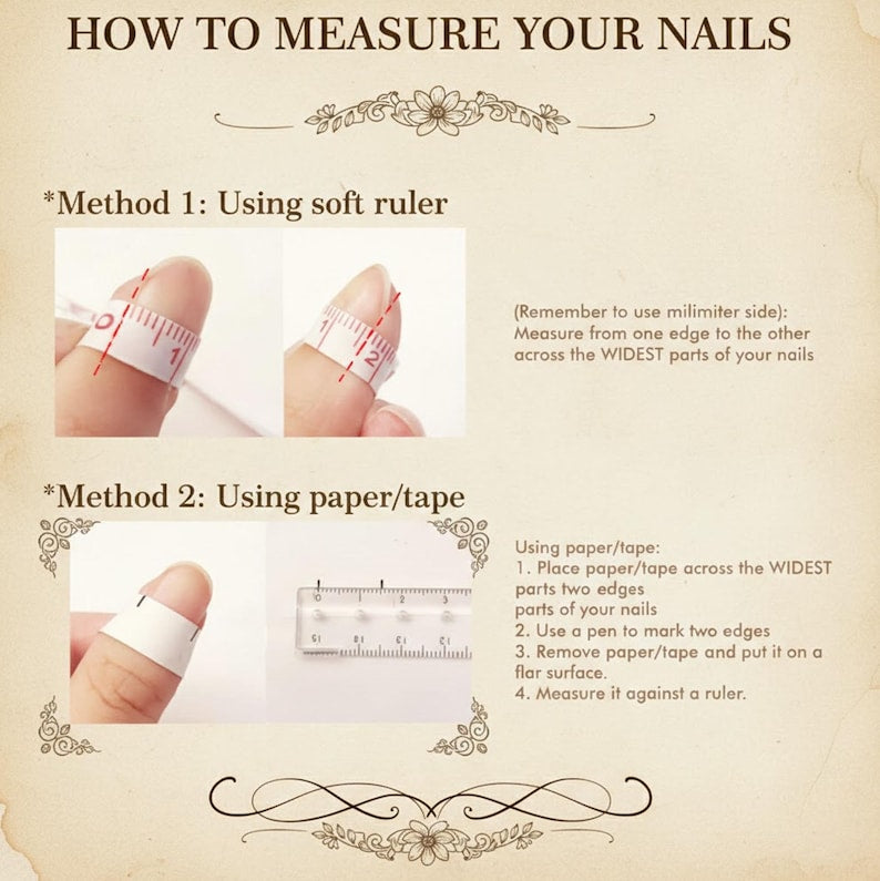 Instructions on how to measure nails using a soft ruler and paper/tape.