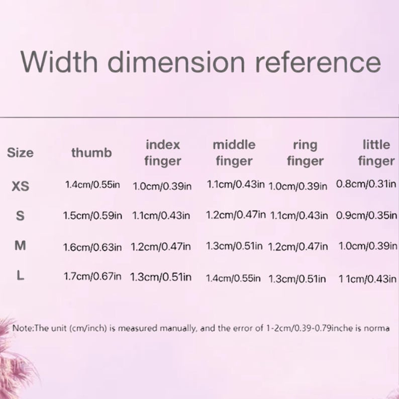 Width dimension reference chart for fingers on a pink background