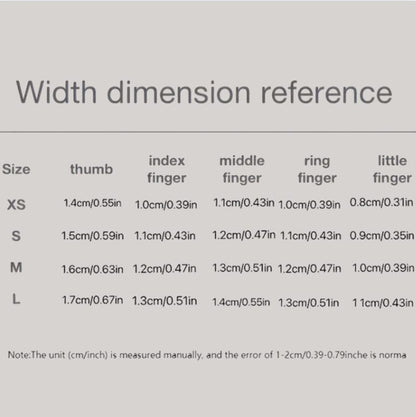 Width dimension reference chart for fingers on a gray background
