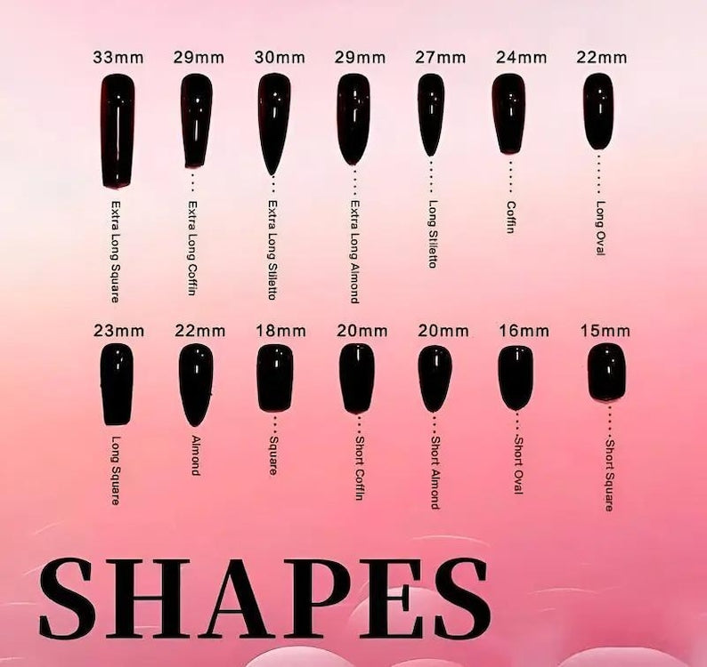 Nail shape chart with various sizes and shapes on a pink background