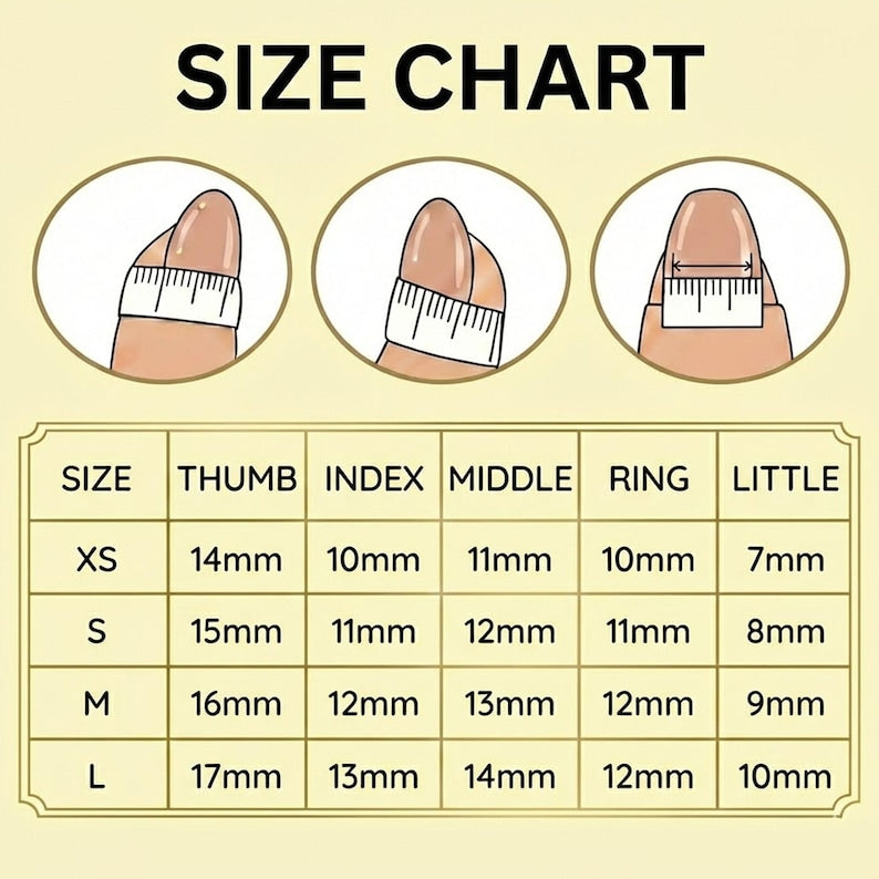 Size chart for finger measurements with illustrations of fingers and rulers on a beige background.