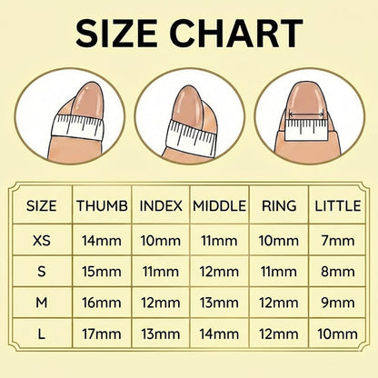 Size chart for finger measurements with illustrations of fingers and rulers on a beige background.