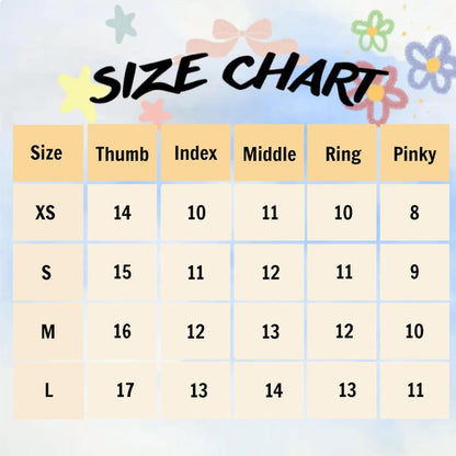 Size chart for fingers with colorful decorations on a light blue background