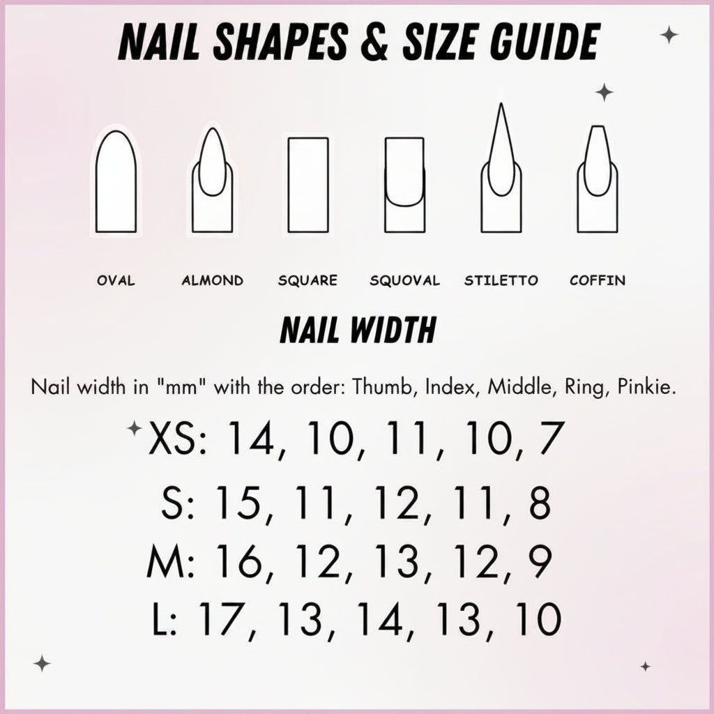 Nail shapes and size guide with illustrations and measurements on a pink background