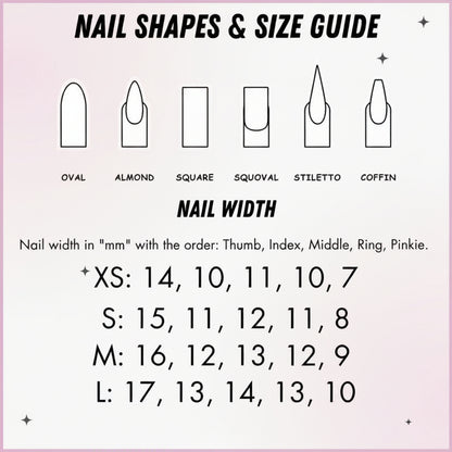 Nail shapes and size guide with illustrations and measurements on a pink background