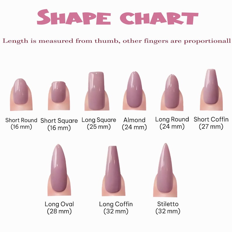 Nail shape chart with various nail shapes and measurements on a white background