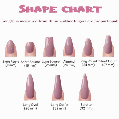 Nail shape chart with various nail shapes and measurements on a white background