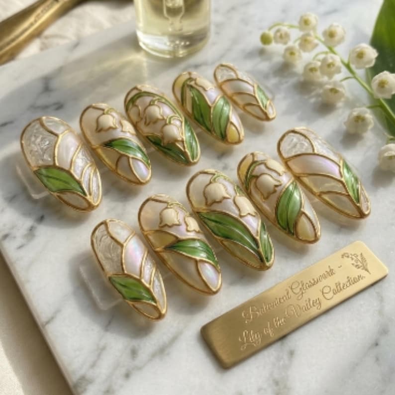 Decorative glass hair clips with floral design on a marble surface with a gold tag.