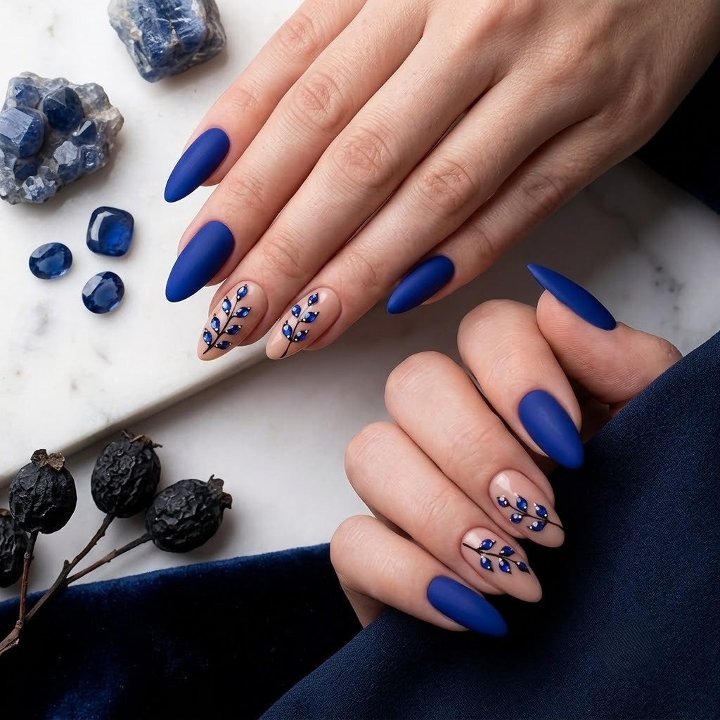 JRNAIL luxury stiletto fake nails displaying an elegant nature-inspired design with rich matte blue tones and dimensional jeweled accents, perfect for a high-end DIY home manicure, gala, or statement evening look.