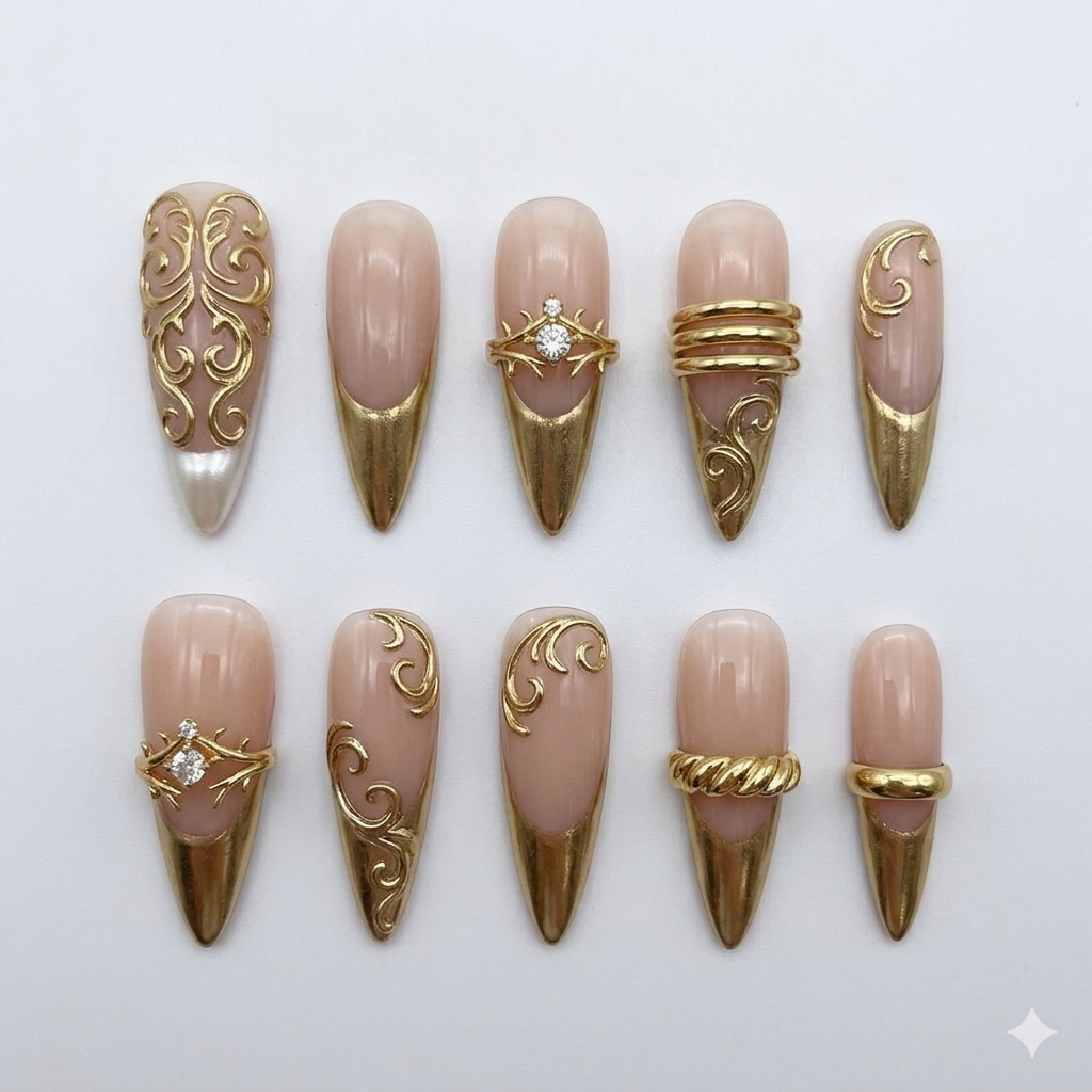 A luxury 10-piece custom press-on nail kit from JRNAIL arranged neatly on a plain white backdrop, highlighting intricate hand-painted gold chrome textures and micro-gems.
