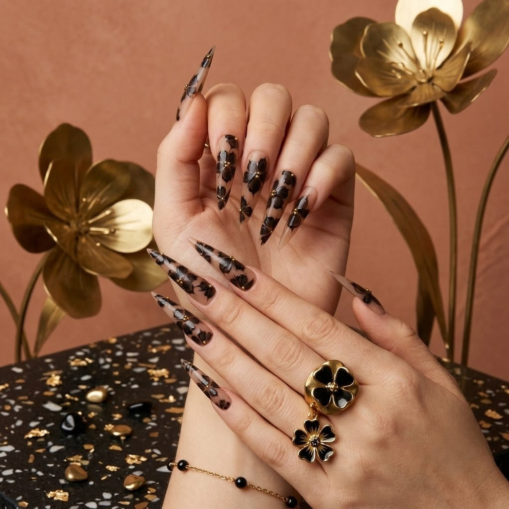 JRNAIL luxury gothic style fake nails displaying a glossy high-shine gel finish with dramatic black floral art and gold leaf details, perfect for a custom DIY home manicure.