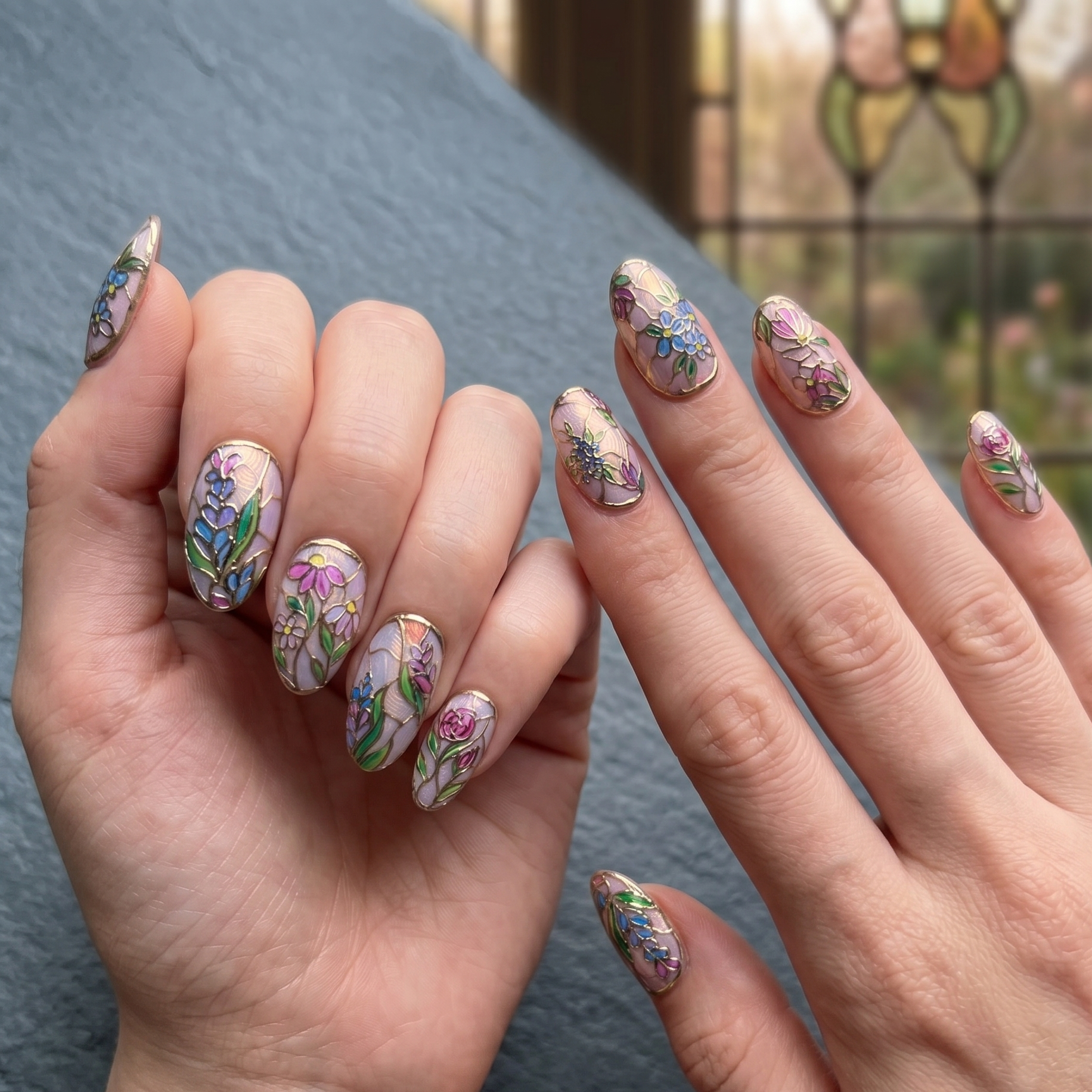 Exquisite hand-painted stained glass floral press-on nails featuring intricate gold-line botanical art on a soft purple gel base by JRNAIL.