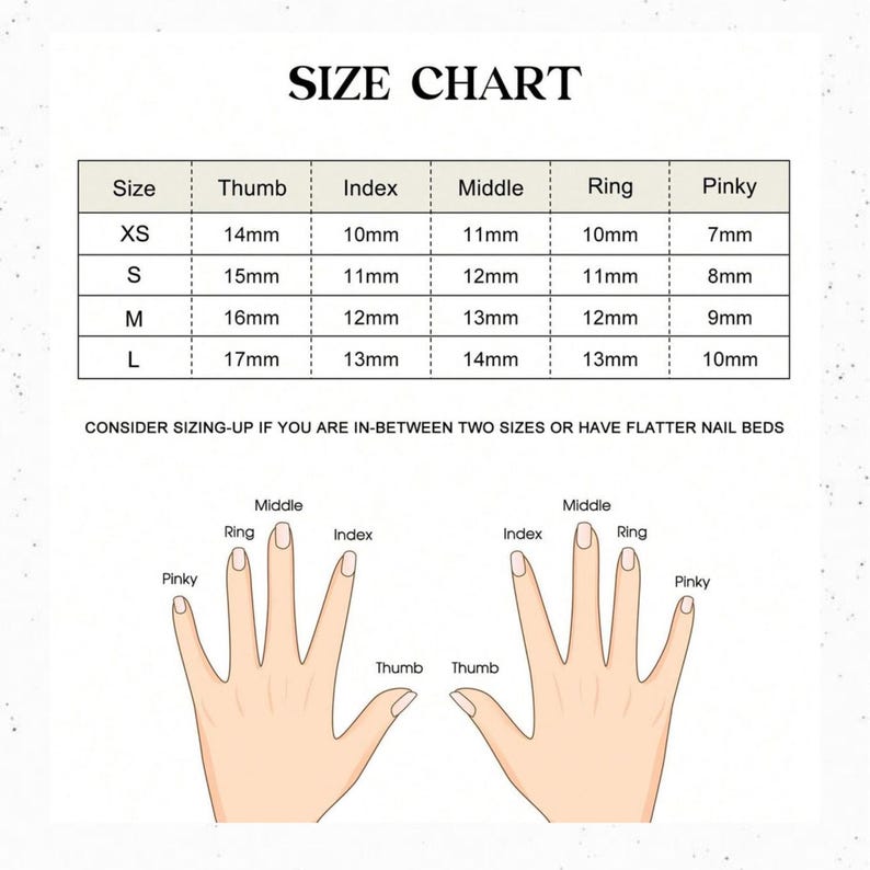 Size chart for nail products with measurements and hand illustrations.