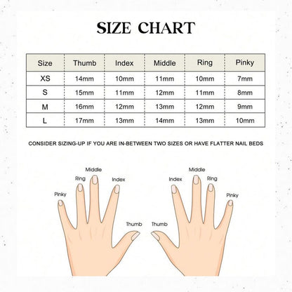 Size chart for nail products with measurements and hand illustrations.