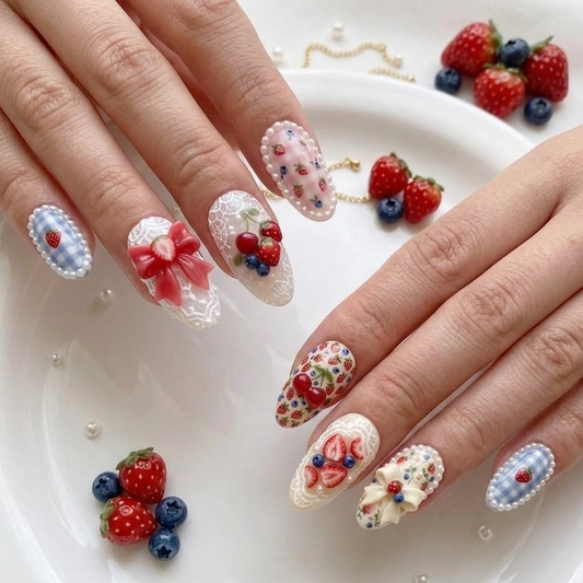 Handmade gel press-on nails with strawberry, blueberry, and 3D bow fruit designs.