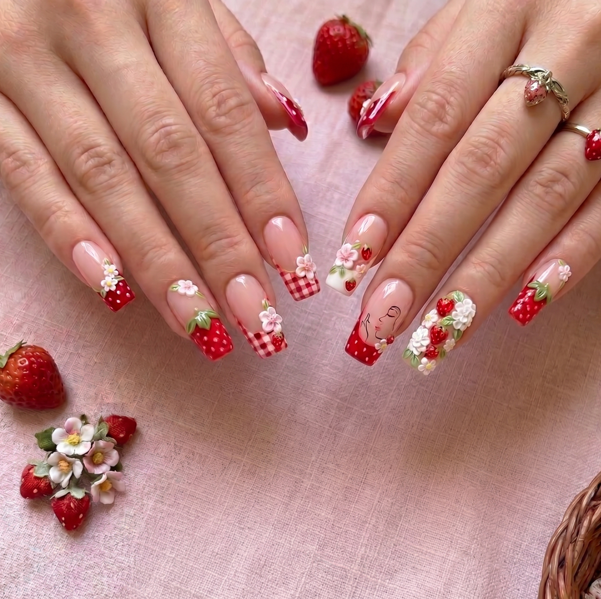 Luxury reusable press-on nails featuring red gingham and strawberry nail art.