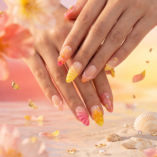 Summer ocean press on nails with 3D shell design and pearl accents