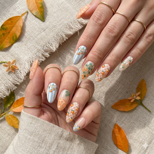 A set of luxury handmade press-on nails featuring a refreshing citrus-themed design with 3D orange slices, hand-painted orange blossoms, and sky-blue stripes on a neutral gel base.