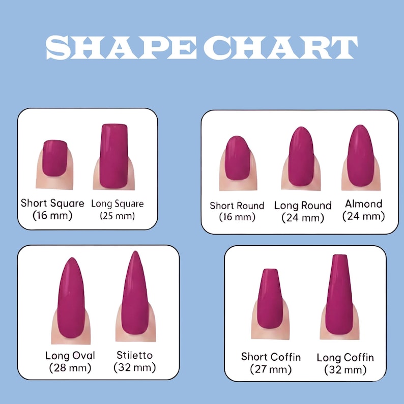 Nail shape chart with various nail shapes and their dimensions on a blue background