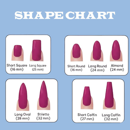 Nail shape chart with various nail shapes and their dimensions on a blue background