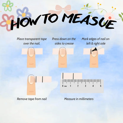 Instructions on how to measure nails using transparent tape and a ruler on a decorative background.